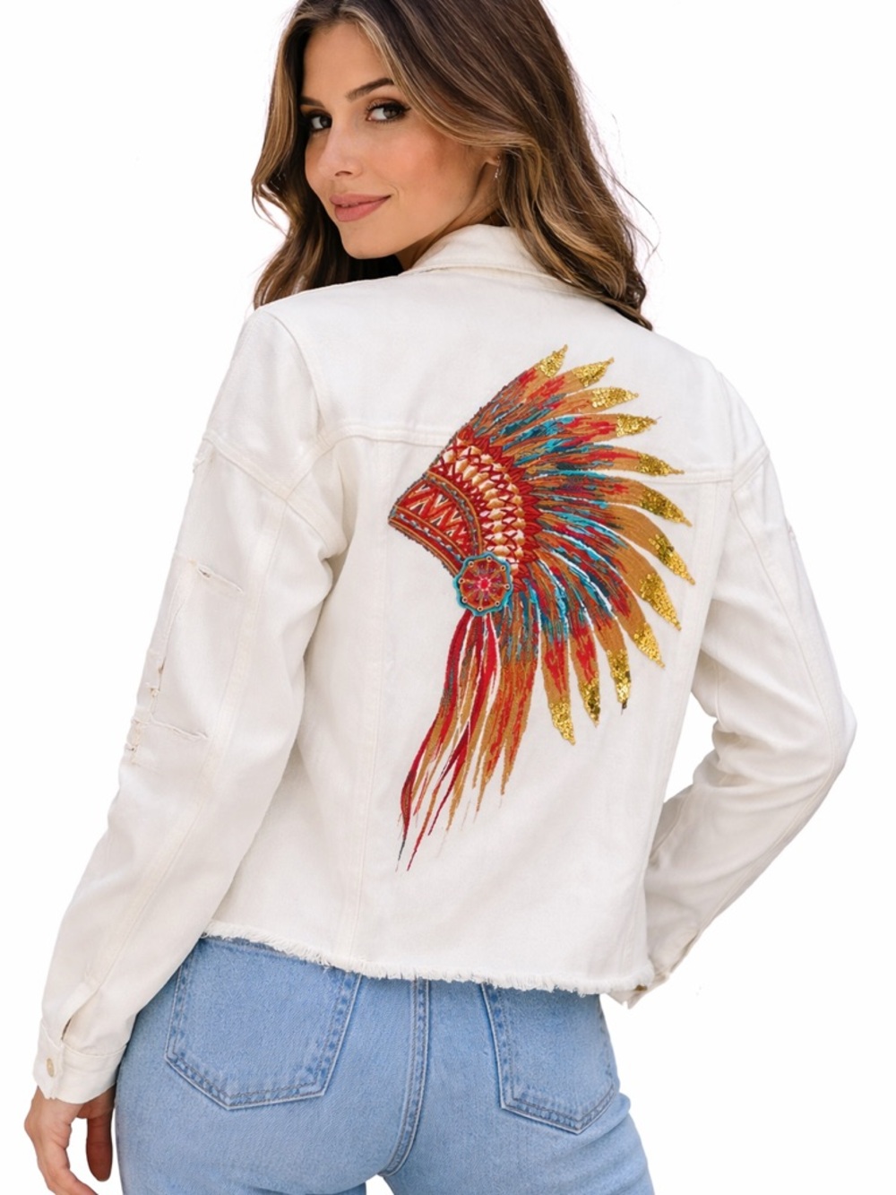x987. Embroidered Sequins  LONG DISTRESS SLEEVEs  BUTTON Patch Denim Jacket